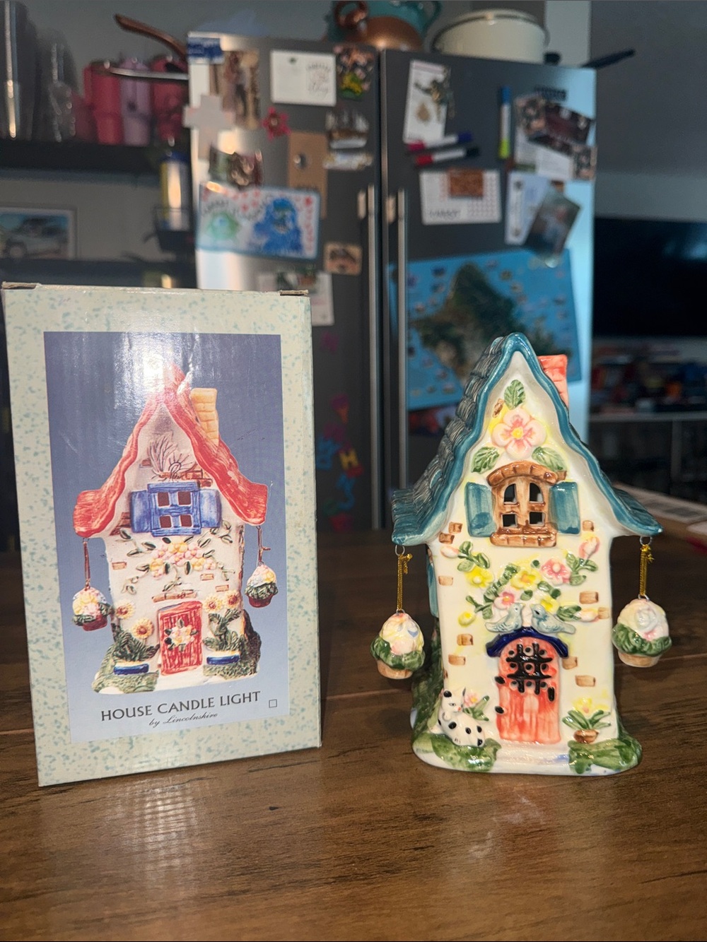 Hand-Painted Ceramic House Candle Light in Cream & Blue